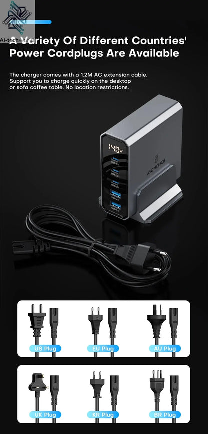 ASOMETECH 140W GaN USB Type C Fast Charger Multiple Ports QC4.0 PD Quick Charger For Macbook Laptop Tablet iPhone 14 Samsung S23 Ai-TechWorld 