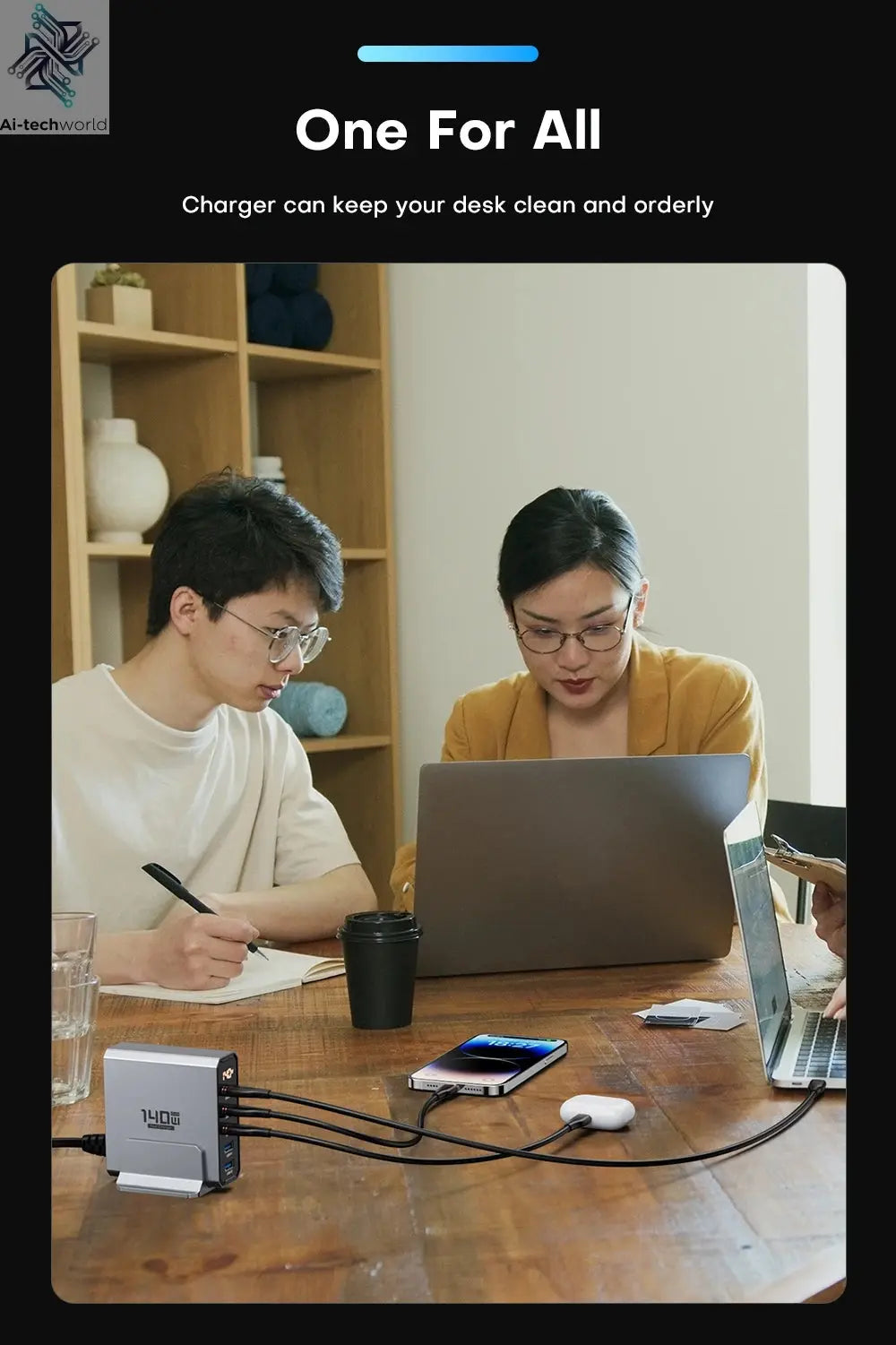 ASOMETECH 140W GaN USB Type C Fast Charger Multiple Ports QC4.0 PD Quick Charger For Macbook Laptop Tablet iPhone 14 Samsung S23 Ai-TechWorld 