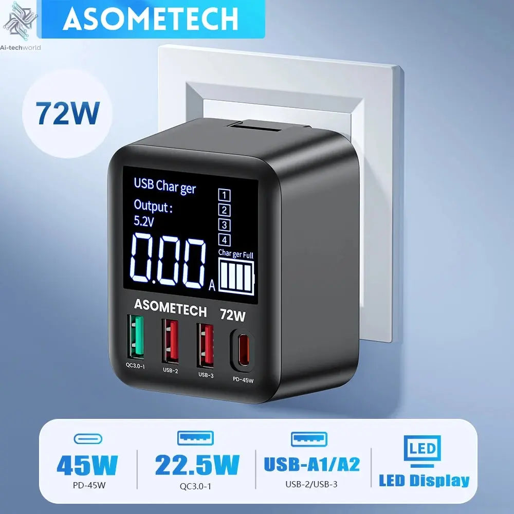 ASOMETECH 72W GaN USB Charger 4 Port With LED Display Ai-TechWorld 