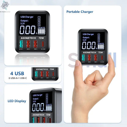ASOMETECH 72W GaN USB Charger 4 Port With LED Display Ai-TechWorld 