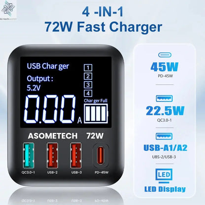 ASOMETECH 72W GaN USB Charger 4 Port With LED Display Ai-TechWorld 