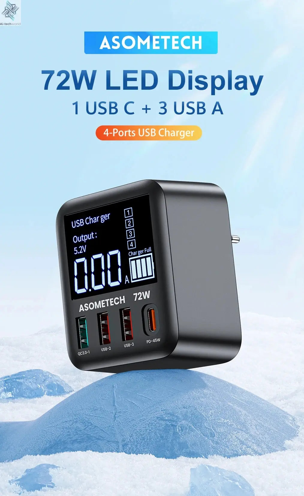 ASOMETECH 72W GaN USB Charger 4 Port With LED Display Ai-TechWorld 