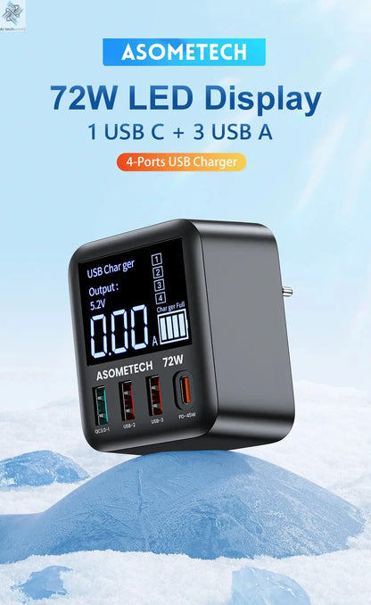 ASOMETECH 72W GaN USB Charger 4 Port With LED Display Ai-TechWorld 