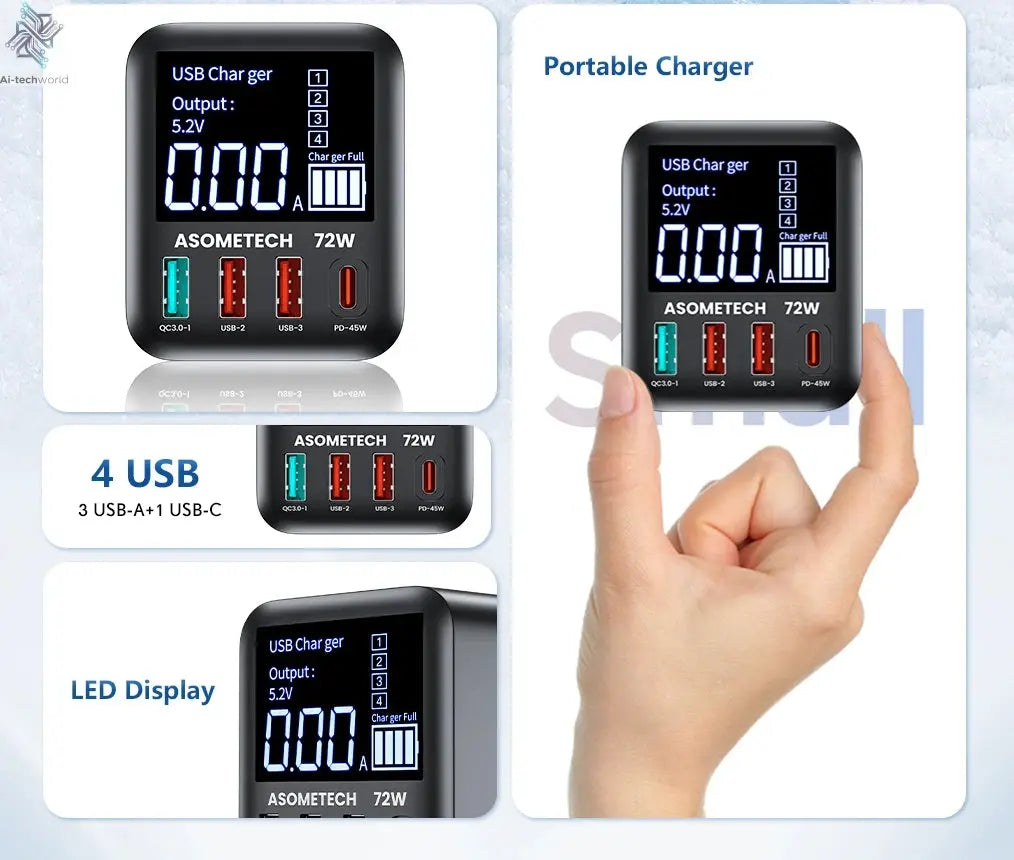 ASOMETECH 72W GaN USB Charger 4 Port With LED Display Ai-TechWorld 