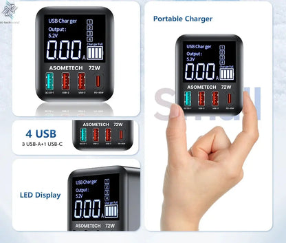 ASOMETECH 72W GaN USB Charger 4 Port With LED Display Ai-TechWorld 