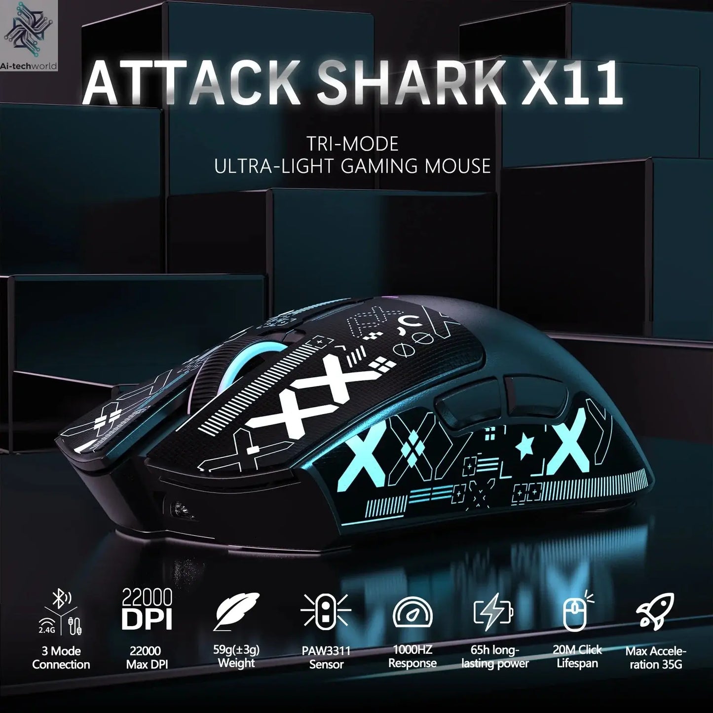 ATTACK SHARK X11 PixArt PAW3311 Three Mode Wireless Gamer Mouse Charging Dock Gaming Sensor, BT/2.4G Wireless Mouse Ai-TechWorld 