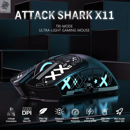 ATTACK SHARK X11 PixArt PAW3311 Three Mode Wireless Gamer Mouse Charging Dock Gaming Sensor, BT/2.4G Wireless Mouse Ai-TechWorld 
