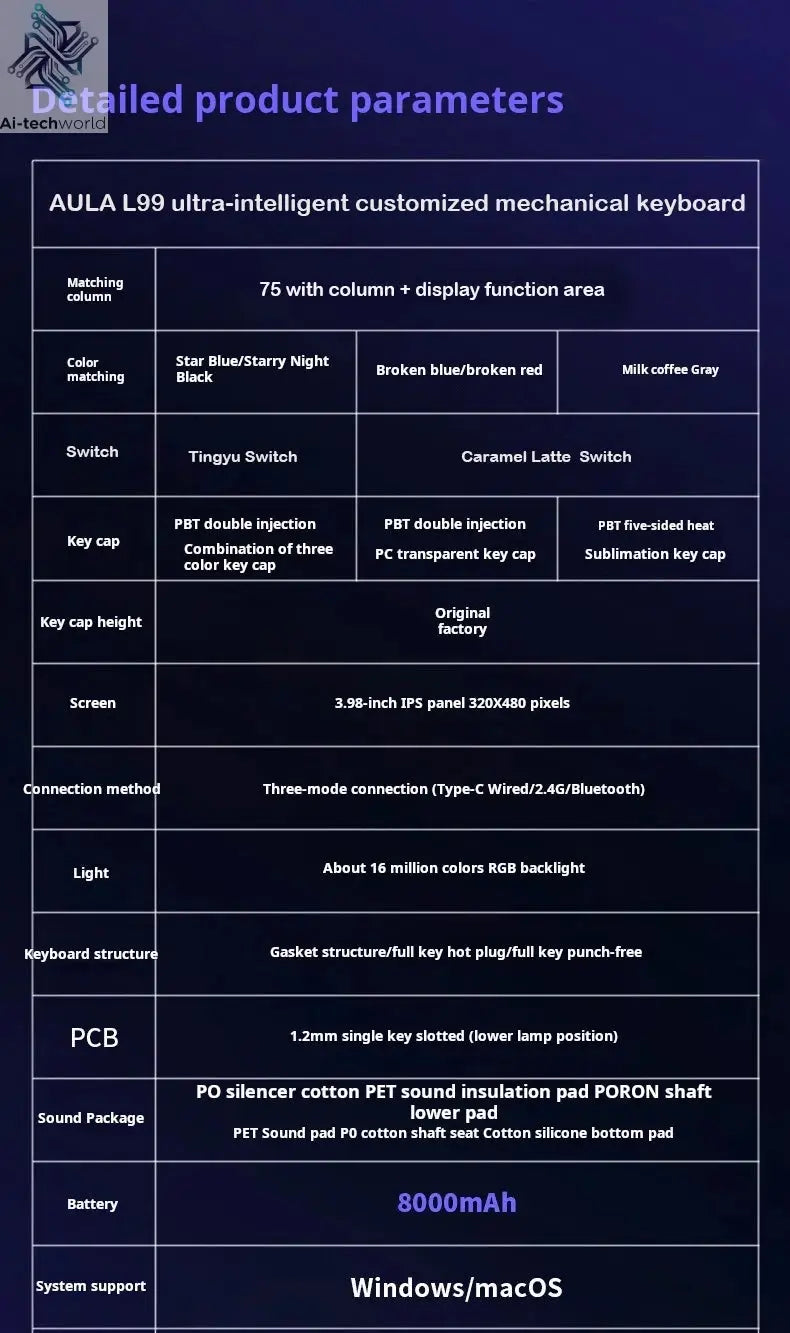 AULA L99 Intelligent Screen Mechanical Keyboard Bluetooth Wireless Tri-mode Night Gaming Laptop Keyboard 8000mAh Raindrop Switch Ai-TechWorld 