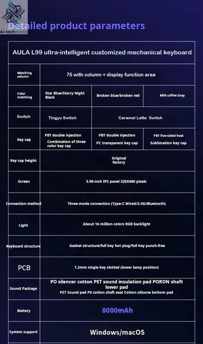 AULA L99 Intelligent Screen Mechanical Keyboard Bluetooth Wireless Tri-mode Night Gaming Laptop Keyboard 8000mAh Raindrop Switch Ai-TechWorld 