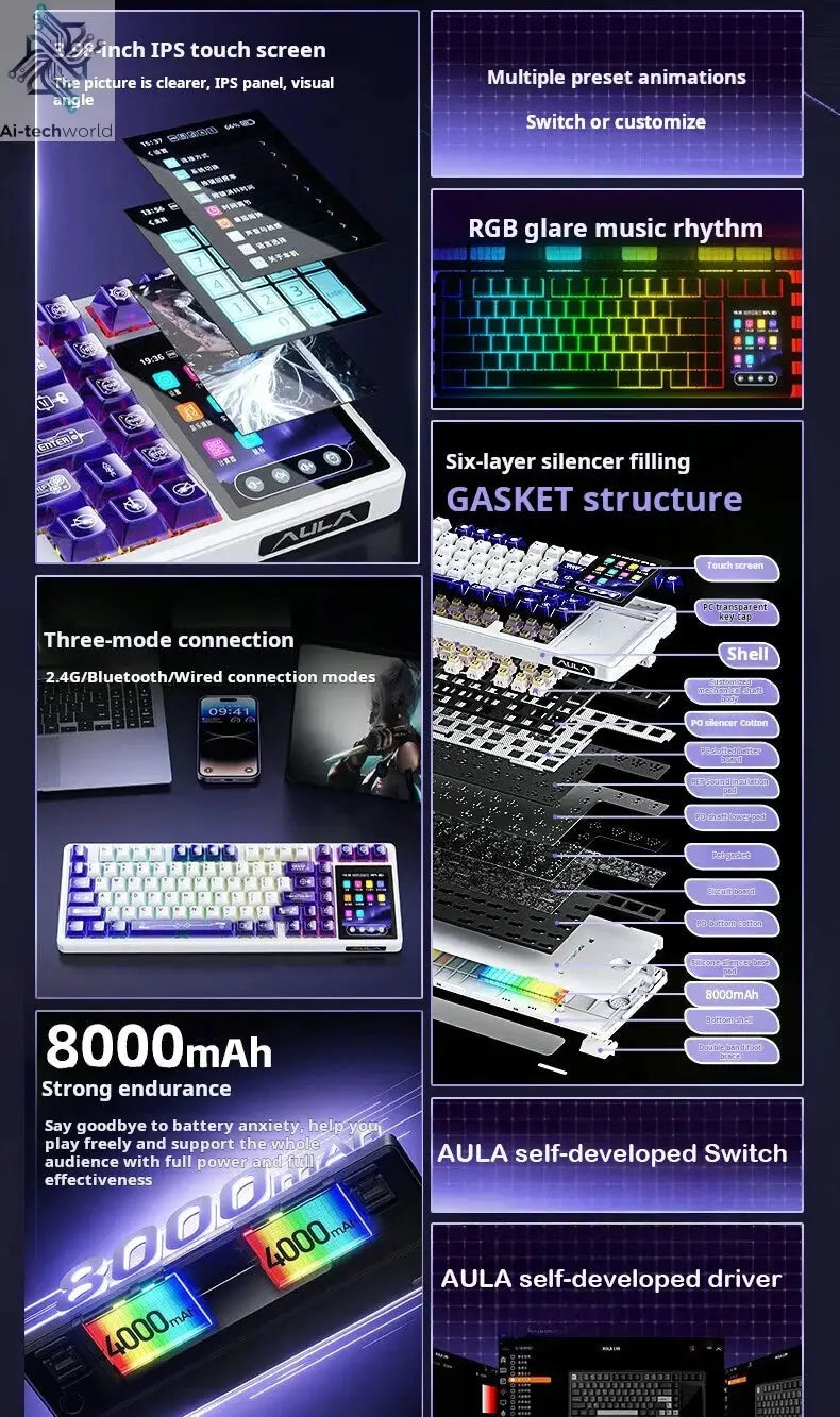 AULA L99 Intelligent Screen Mechanical Keyboard Bluetooth Wireless Tri-mode Night Gaming Laptop Keyboard 8000mAh Raindrop Switch Ai-TechWorld 