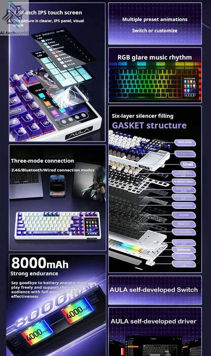 AULA L99 Intelligent Screen Mechanical Keyboard Bluetooth Wireless Tri-mode Night Gaming Laptop Keyboard 8000mAh Raindrop Switch Ai-TechWorld 