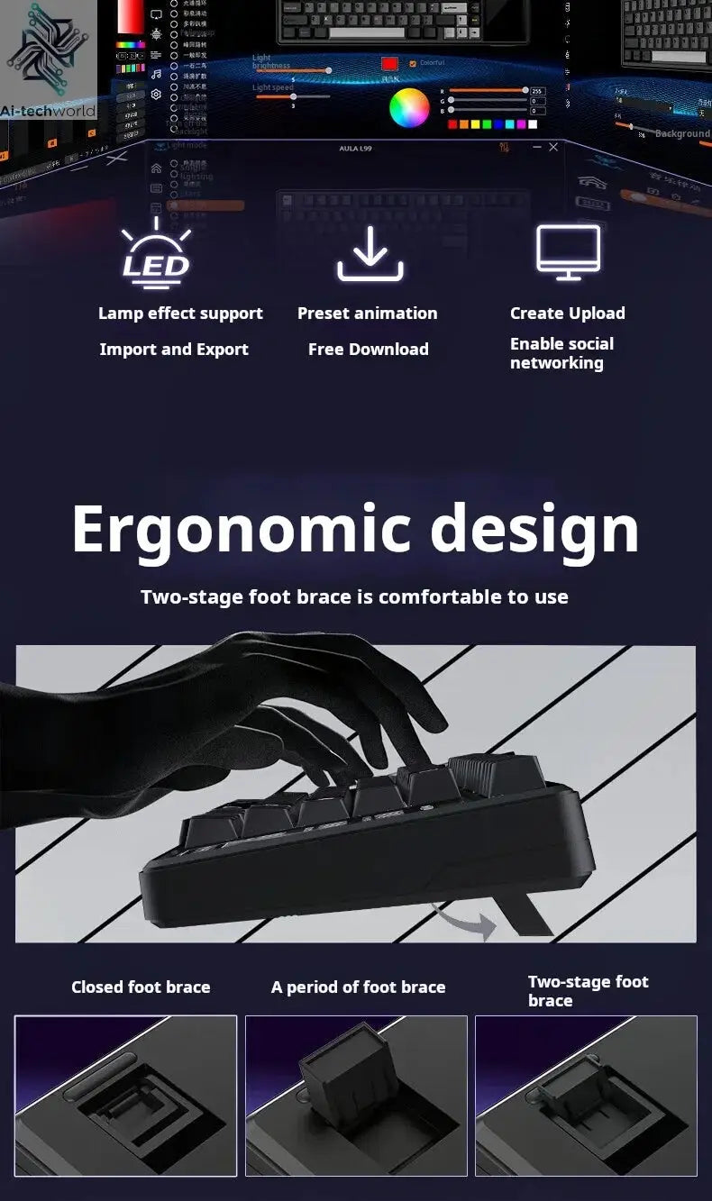 AULA L99 Intelligent Screen Mechanical Keyboard Bluetooth Wireless Tri-mode Night Gaming Laptop Keyboard 8000mAh Raindrop Switch Ai-TechWorld 