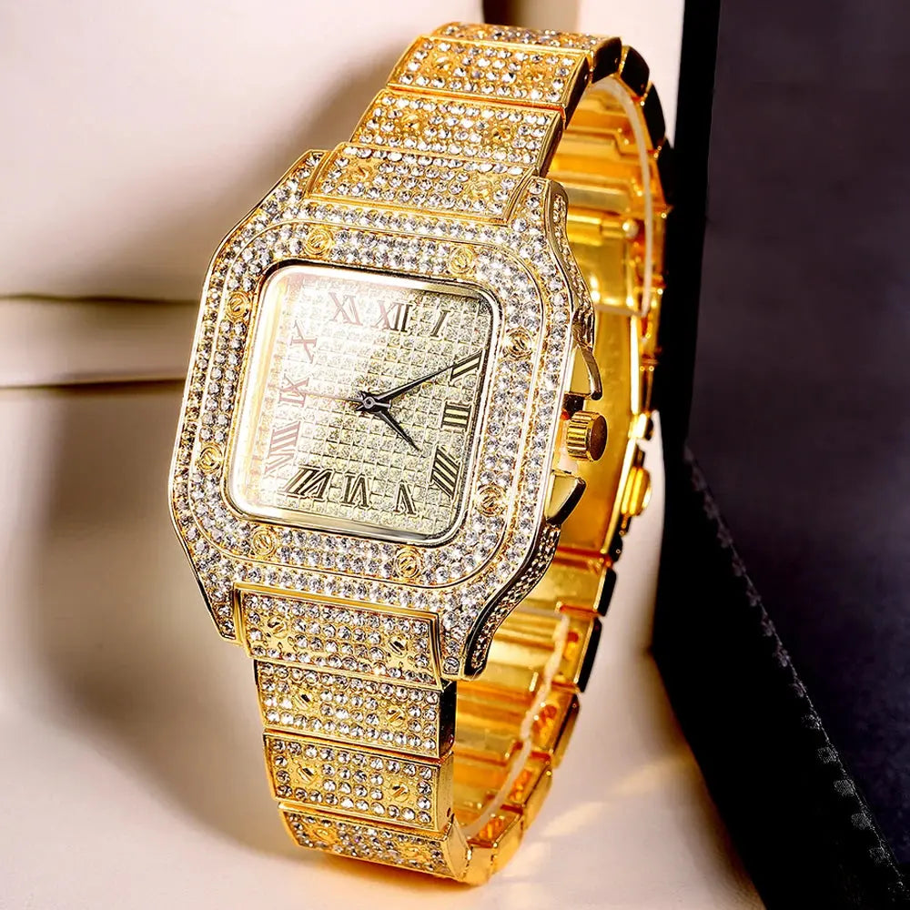 Gold Color Cuban Chain Watch for Men,Hip Hop Miami Curb,Iced Out Paved Rhinestones,Bling Rapper Necklace, Watch+Bracelet Jewelry Ai-TechWorld 