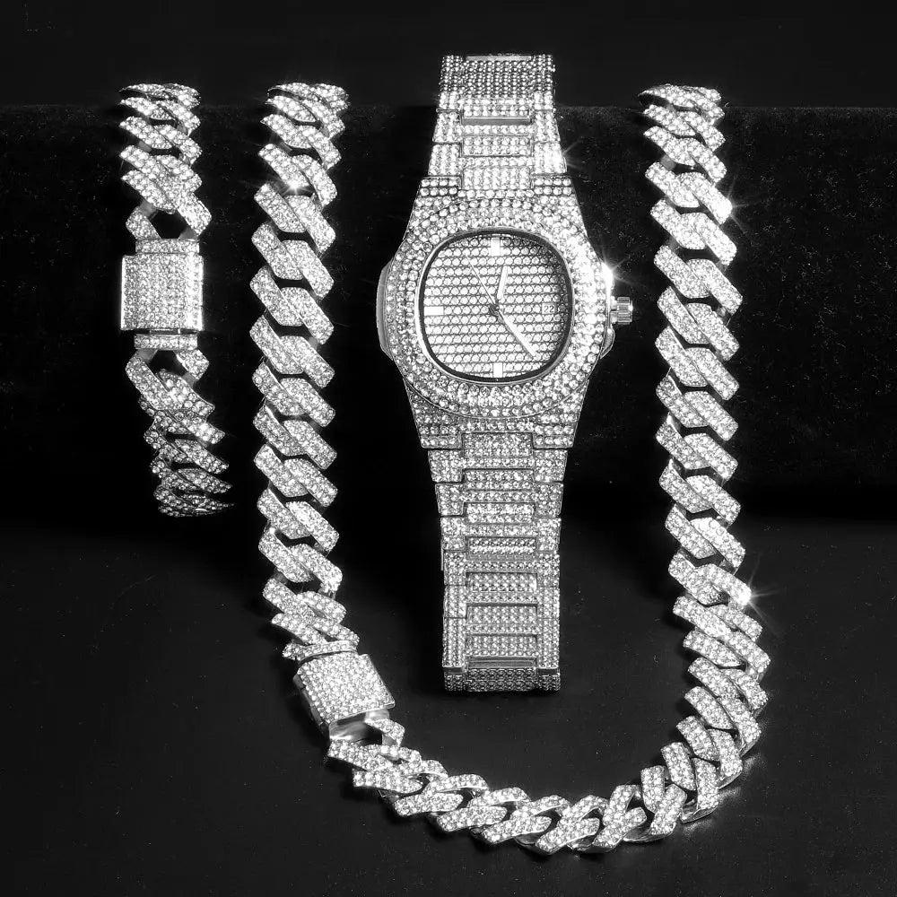 Gold Color Cuban Chain Watch for Men,Hip Hop Miami Curb,Iced Out Paved Rhinestones,Bling Rapper Necklace, Watch+Bracelet Jewelry Ai-TechWorld 