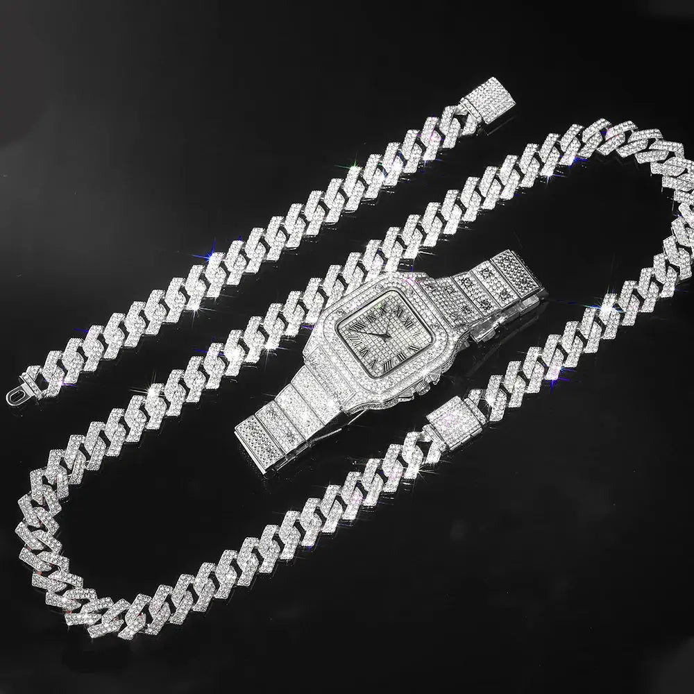 Gold Color Cuban Chain Watch for Men,Hip Hop Miami Curb,Iced Out Paved Rhinestones,Bling Rapper Necklace, Watch+Bracelet Jewelry Ai-TechWorld 