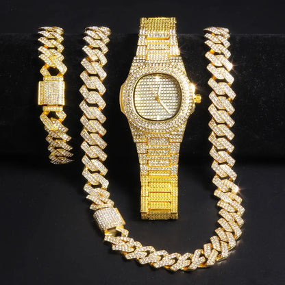 Gold Color Cuban Chain Watch for Men,Hip Hop Miami Curb,Iced Out Paved Rhinestones,Bling Rapper Necklace, Watch+Bracelet Jewelry Ai-TechWorld 