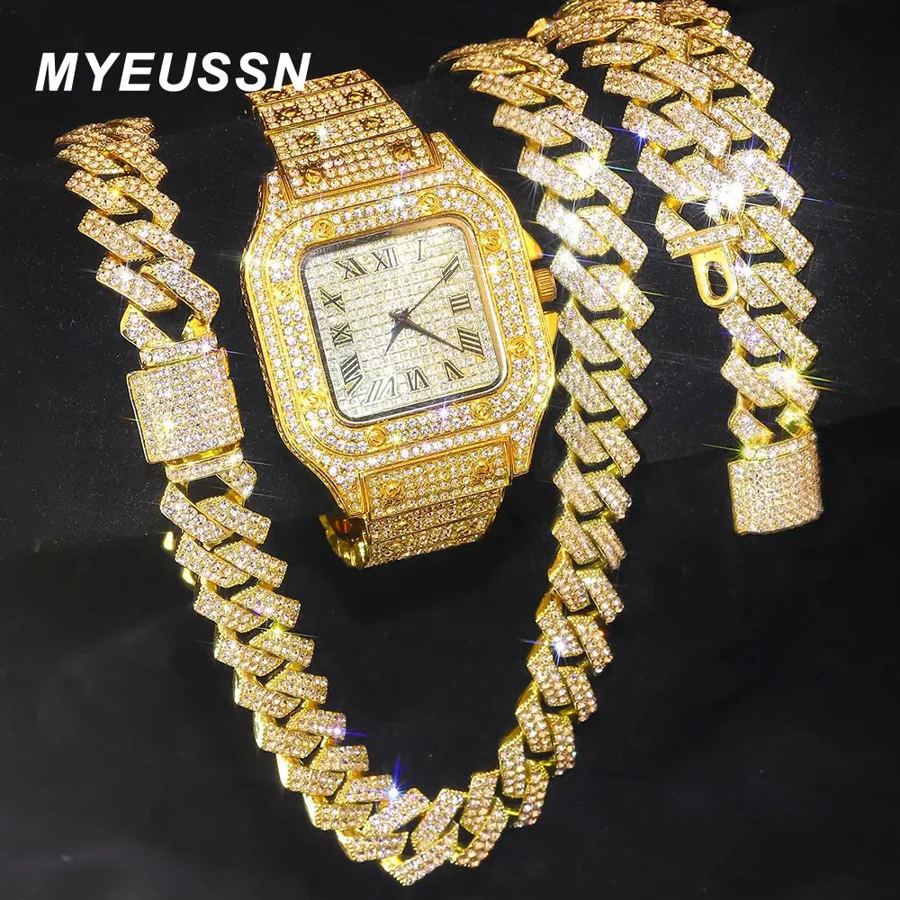 Gold Color Cuban Chain Watch for Men,Hip Hop Miami Curb,Iced Out Paved Rhinestones,Bling Rapper Necklace, Watch+Bracelet Jewelry Ai-TechWorld 