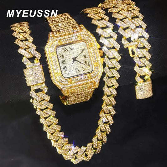 Gold Color Cuban Chain Watch for Men,Hip Hop Miami Curb,Iced Out Paved Rhinestones,Bling Rapper Necklace, Watch+Bracelet Jewelry Ai-TechWorld 
