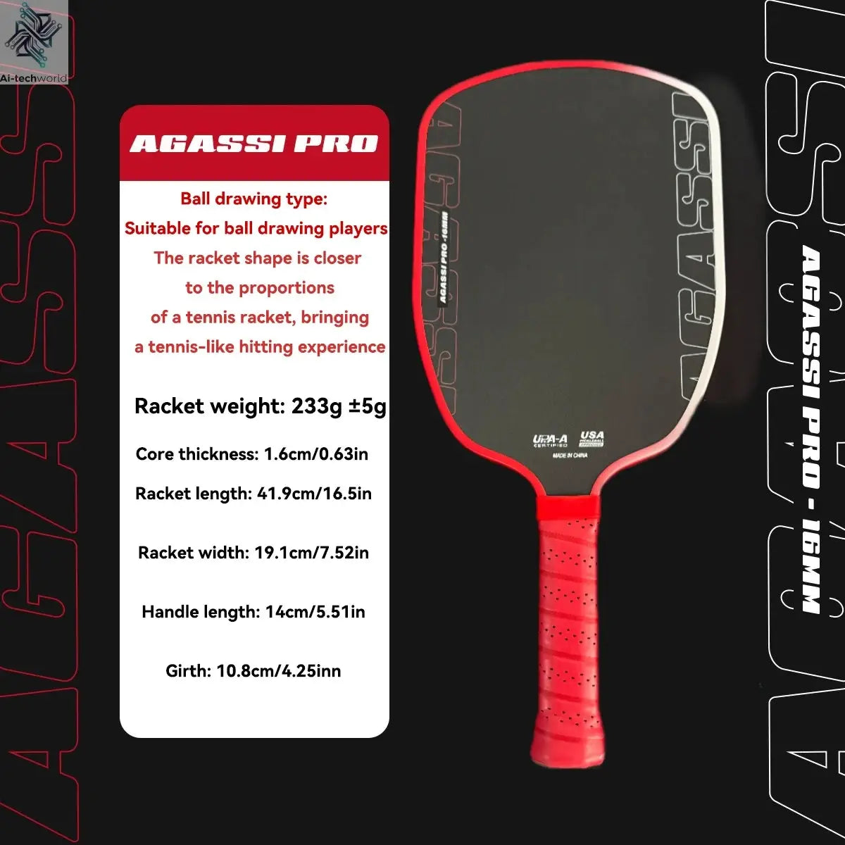 Agassi Pro IV 16mm Pickleball Paddle GEN 4 TFP Foam Core T700 Carbon Fiber Pickleball Rackets Increases Spin & Control Ai-TechWorld 