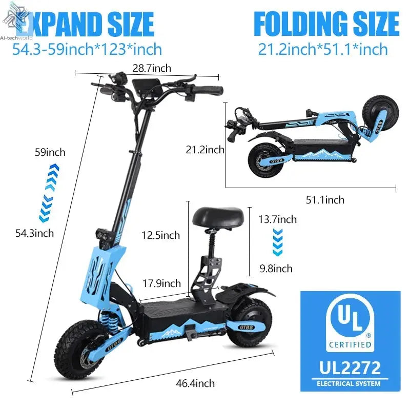 Arwibon 5600W Adult Electric Scooter Dual Motor Top Speed 46MPH,60V27AH, 11-inch Off-Road Tires Sport Folding eScooter with Seat Ai-TechWorld 