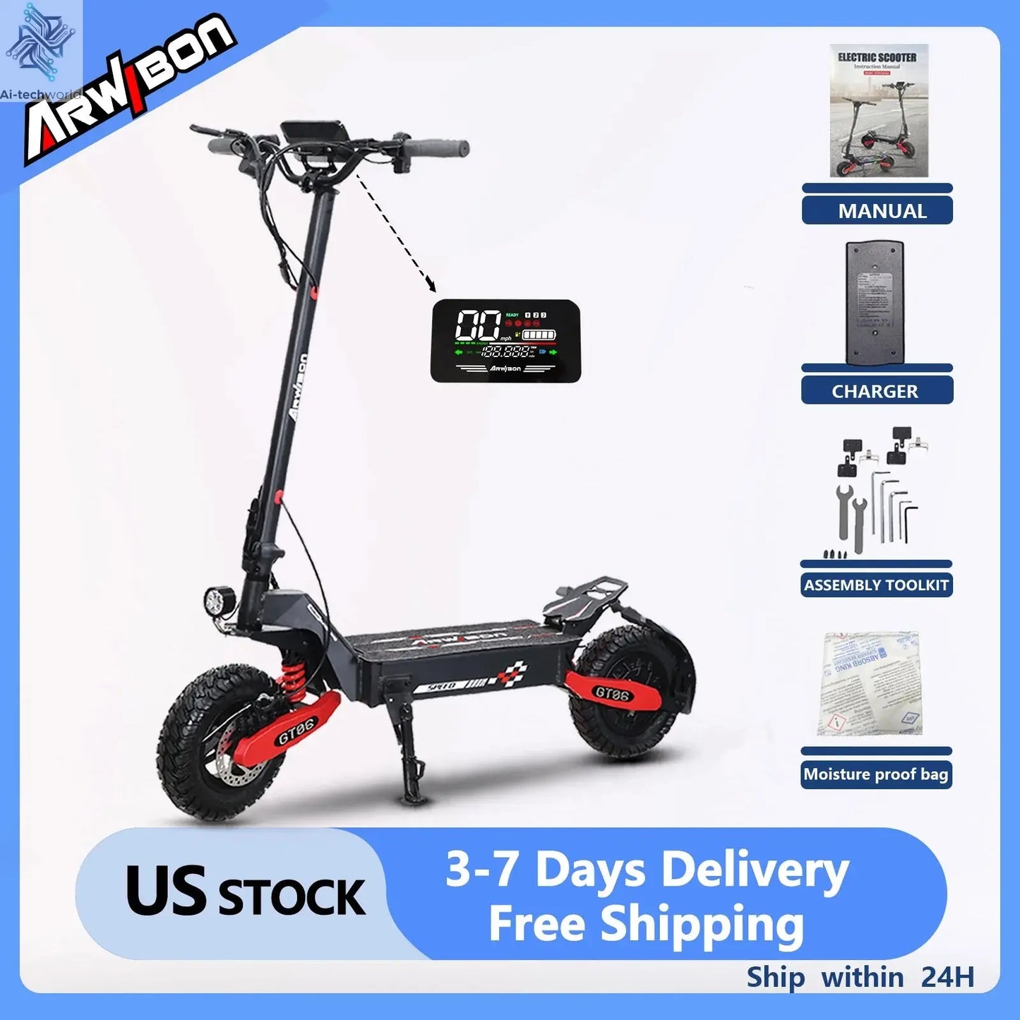 Arwibon GT06 1200W Foldable E-Scooter for Adults -Max Speed 30MPH, 48V 13AH/23.4AH, 11"Off-Road Tires | US Stock, Factory Direct Ai-TechWorld 