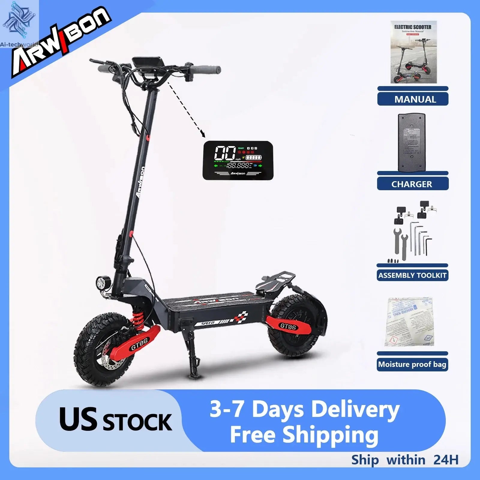 Arwibon GT06 1200W Foldable E-Scooter for Adults -Max Speed 30MPH, 48V 13AH/23.4AH, 11"Off-Road Tires | US Stock, Factory Direct Ai-TechWorld 