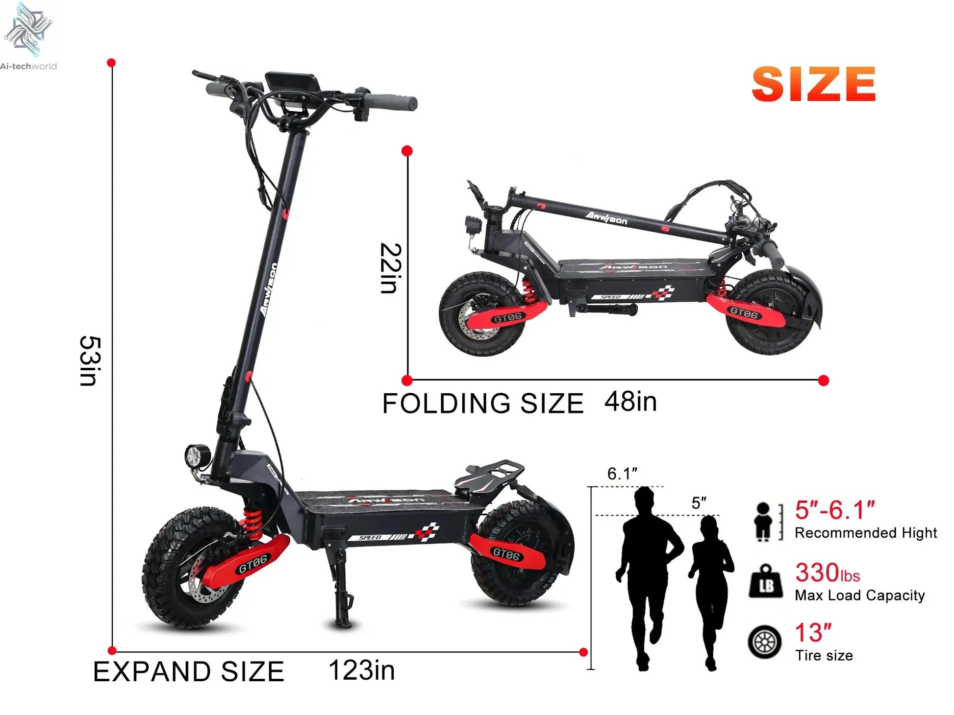Arwibon GT06 1200W Foldable E-Scooter for Adults -Max Speed 30MPH, 48V 13AH/23.4AH, 11"Off-Road Tires | US Stock, Factory Direct Ai-TechWorld 