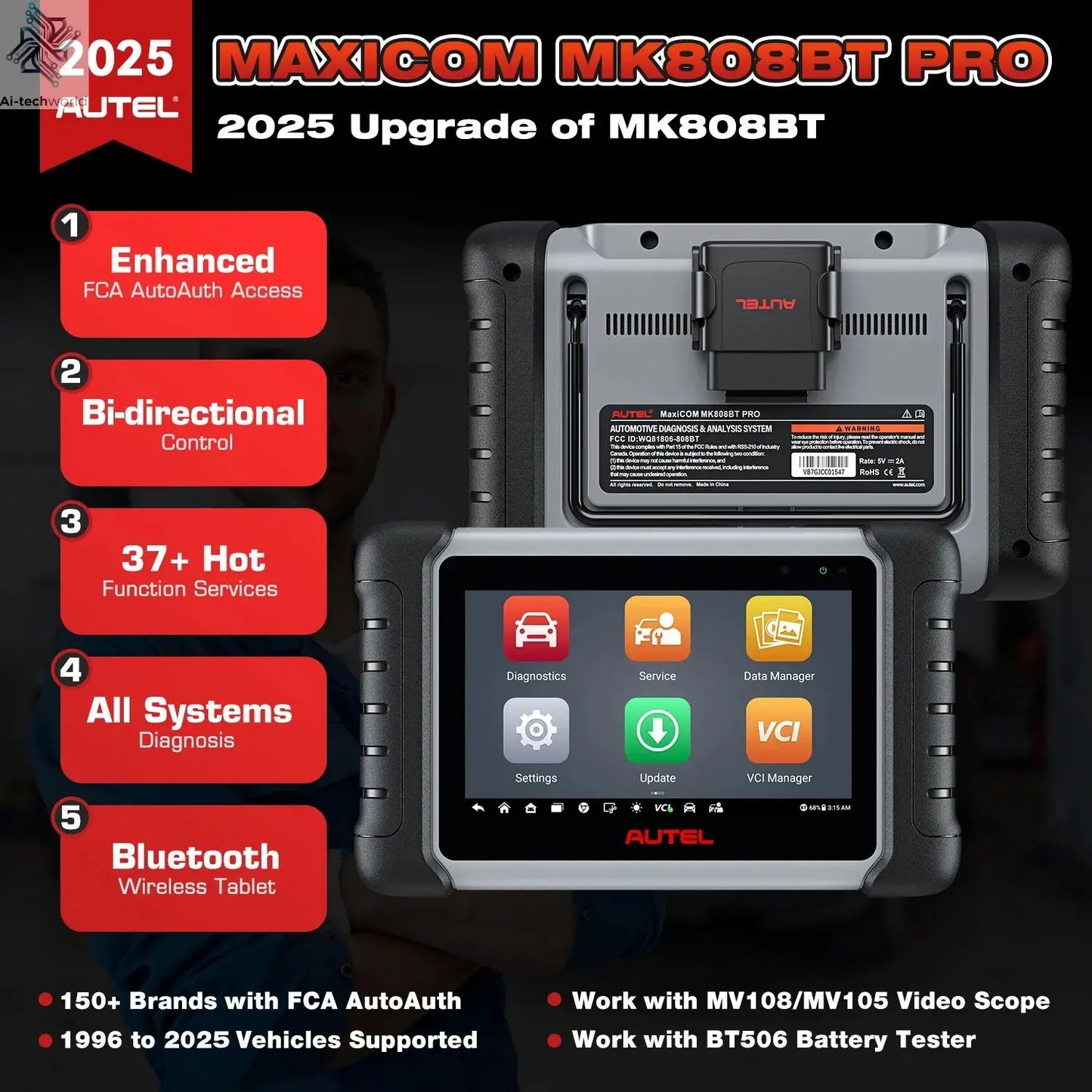 Autel MaxiCOM MK808BT PRO Car Automotivo Diagnostic Tools Bluetooth OBD2 Scanner Code Reader Diagnosis Tool PK MK808KBT MK808S Ai-TechWorld 
