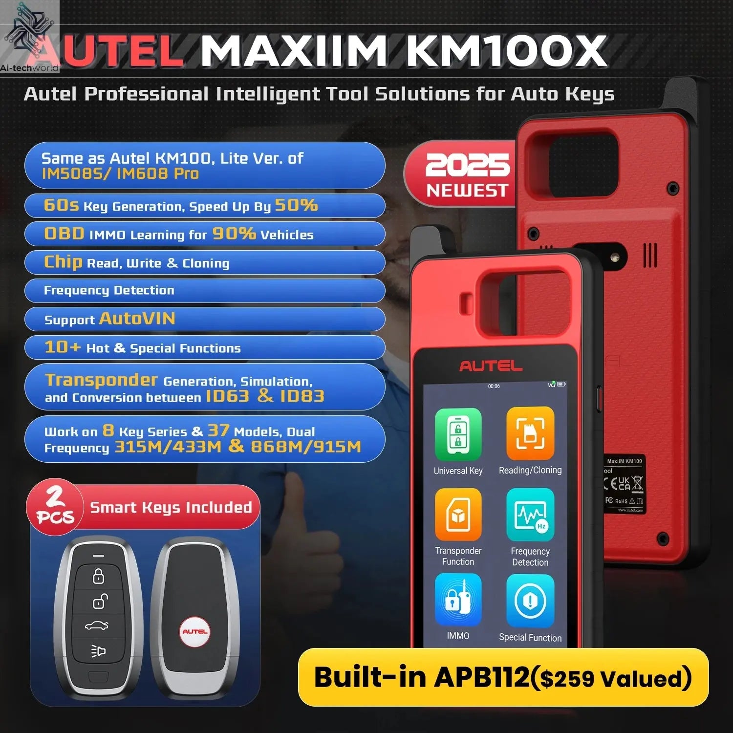 Autel MaxiIM KM100 Advanced One-Minute Key Generation Tool IMMO Key programming Key Renewal and Transponder Editing PK IM508S Ai-TechWorld 
