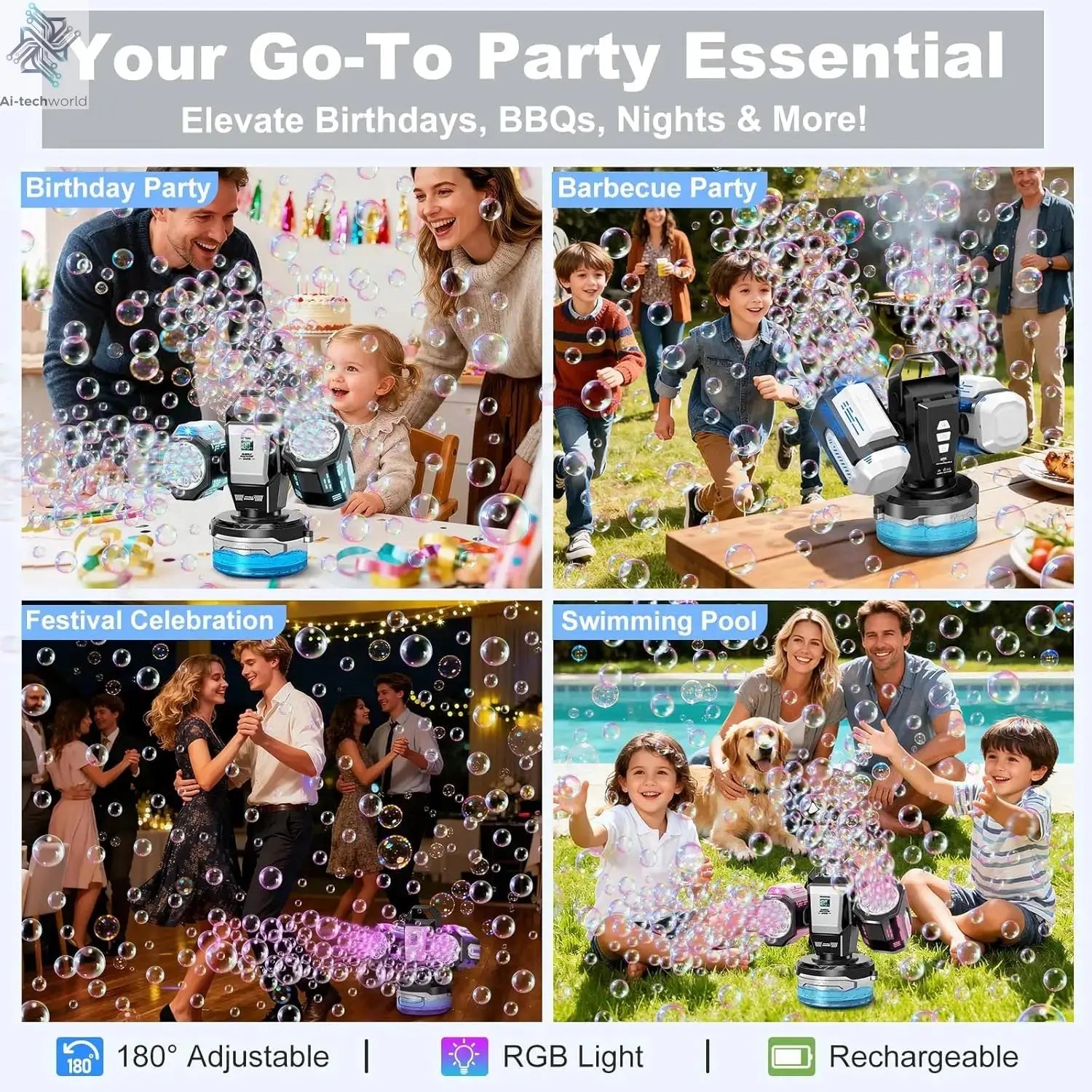 Auto Bubble Machine Remote Control 360 °   Rotation 1800Mah Type-C |   Perfect Gift for Outdoor Events Ai-TechWorld 