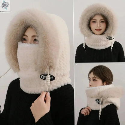 Autumn and Winter Women Thermal Plush Hat Hood Scarf and Mask Ear Protection Windproof Thick Design for Riding Outdoor Ai-TechWorld 