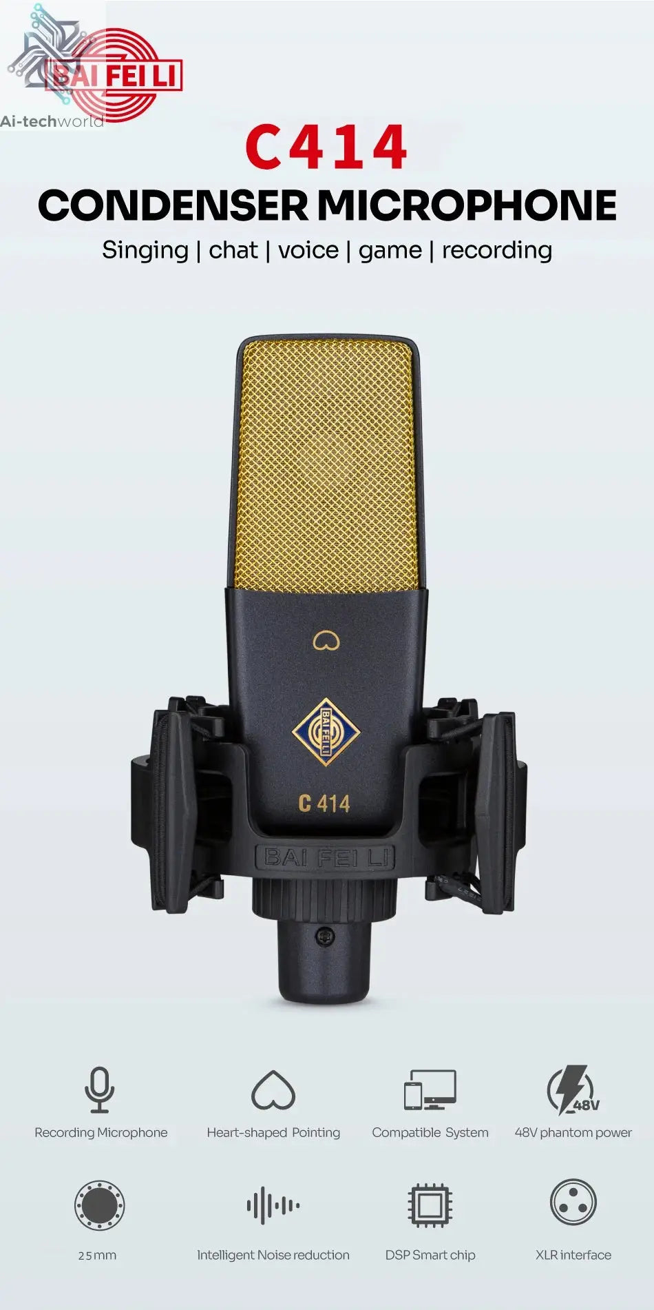 BAIFEILI C414 Professional Condenser Microphone XLR With 25mm Diaphragm Cardioid Mic for Streaming,Podcasting,Recording,ASMR Ai-TechWorld 