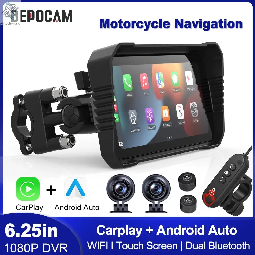 BEPOCAM 5"/6.25" Motorcycle GPS Navigation DVR Carplay Screen for Moto Dual Cameras Drive Recorder IPX7 Waterproof Moto Monitor Ai-TechWorld 