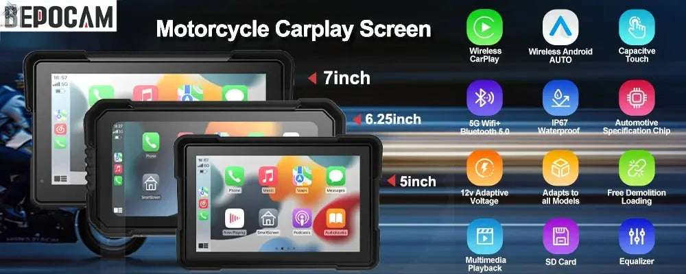 BEPOCAM 5"/6.25" Motorcycle GPS Navigation DVR Carplay Screen for Moto Dual Cameras Drive Recorder IPX7 Waterproof Moto Monitor Ai-TechWorld 