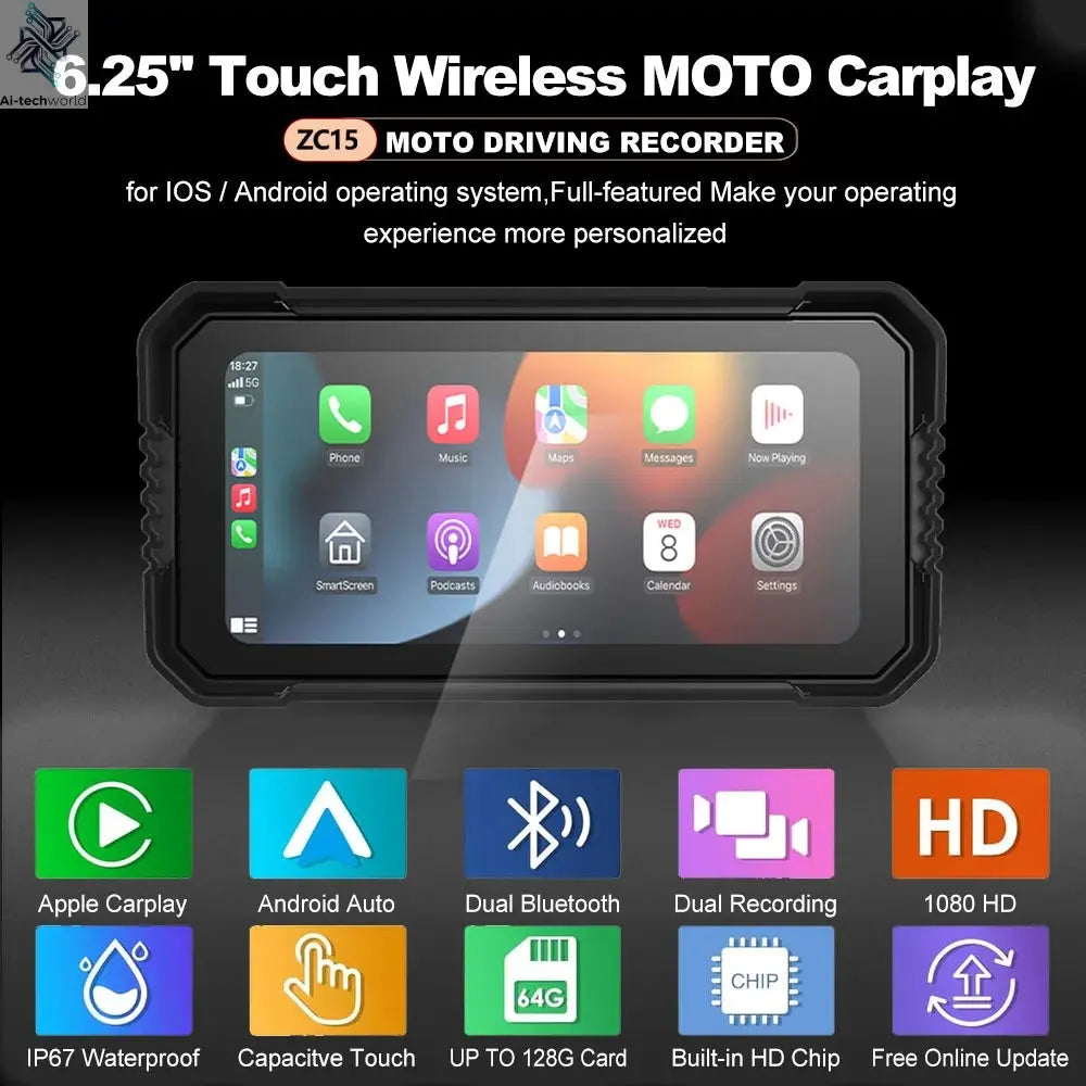 BEPOCAM 5"/6.25" Motorcycle GPS Navigation DVR Carplay Screen for Moto Dual Cameras Drive Recorder IPX7 Waterproof Moto Monitor Ai-TechWorld 