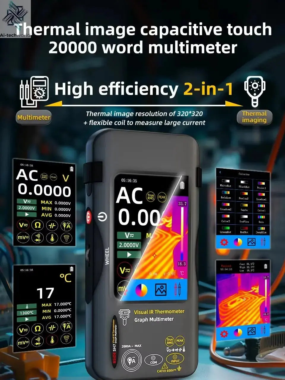 BSIDE SH7 Touch Thermal Imaging Multimeter with IR Camera,320*320 Resolution 20000 counts High Accuracy Voltage Test Pro Ai-TechWorld 