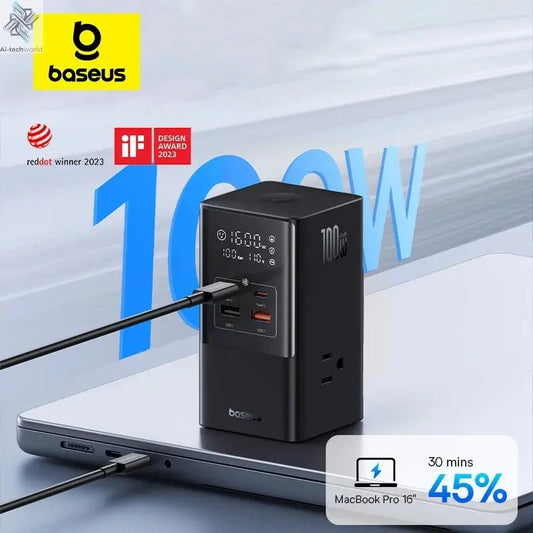 Baseus 100W Fast USB Charger 6 in 1 Power Strip Desktop Charging Station Surge Protector 4000W 2AC Out For Laptop iPhone Samsung Ai-TechWorld