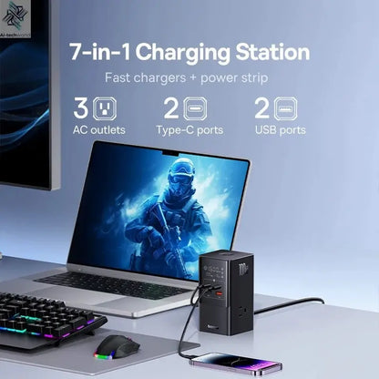 Baseus 100W Fast USB Charger 6 in 1 Power Strip Desktop Charging Station Surge Protector 4000W 2AC Out For Laptop iPhone Samsung Ai-TechWorld