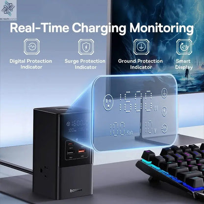 Baseus 100W Fast USB Charger 6 in 1 Power Strip Desktop Charging Station Surge Protector 4000W 2AC Out For Laptop iPhone Samsung Ai-TechWorld