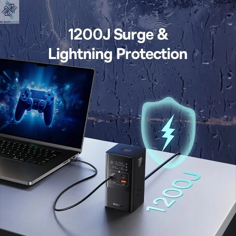 Baseus 100W Fast USB Charger 6 in 1 Power Strip Desktop Charging Station Surge Protector 4000W 2AC Out For Laptop iPhone Samsung Ai-TechWorld