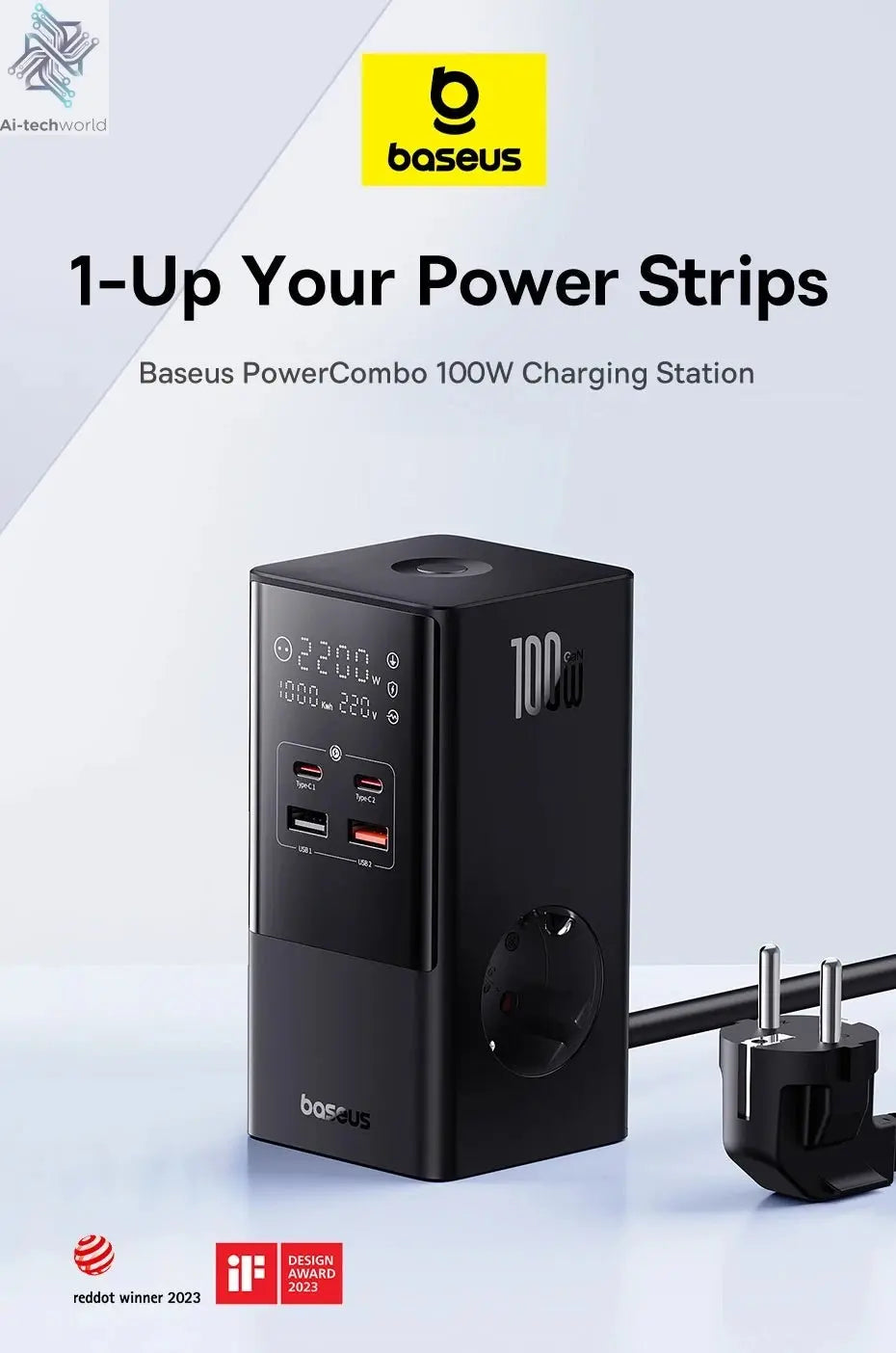 Baseus 100W Fast USB Charger 6 in 1 Power Strip Desktop Charging Station Surge Protector 4000W 2AC Out For Laptop iPhone Samsung Ai-TechWorld