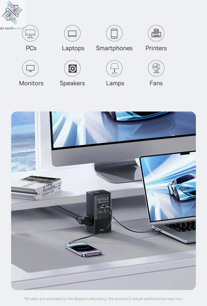 Baseus 100W Fast USB Charger 6 in 1 Power Strip Desktop Charging Station Surge Protector 4000W 2AC Out For Laptop iPhone Samsung Ai-TechWorld