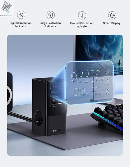 Baseus 100W Fast USB Charger 6 in 1 Power Strip Desktop Charging Station Surge Protector 4000W 2AC Out For Laptop iPhone Samsung Ai-TechWorld