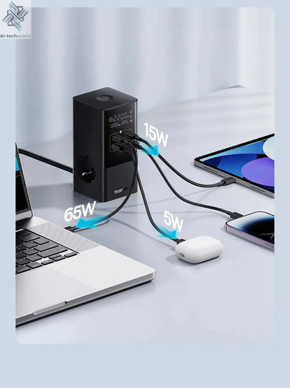 Baseus 100W Fast USB Charger 6 in 1 Power Strip Desktop Charging Station Surge Protector 4000W 2AC Out For Laptop iPhone Samsung Ai-TechWorld