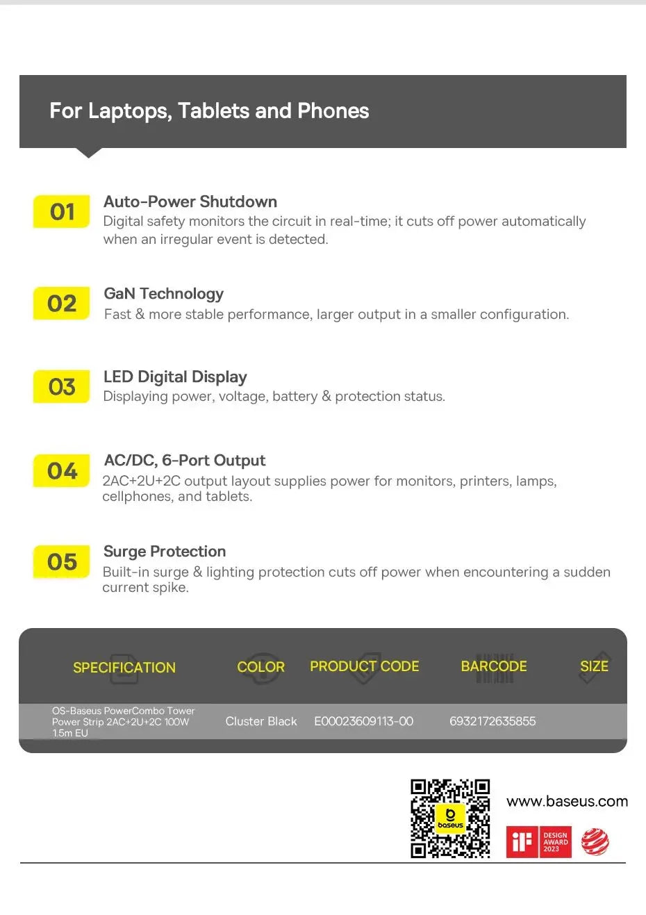 Baseus 100W Fast USB Charger 6 in 1 Power Strip Desktop Charging Station Surge Protector 4000W 2AC Out For Laptop iPhone Samsung Ai-TechWorld