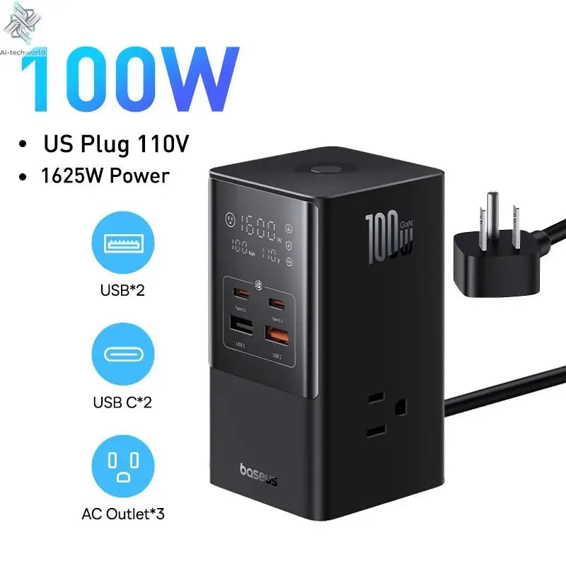 Baseus 100W Fast USB Charger 6 in 1 Power Strip Desktop Charging Station Surge Protector 4000W 2AC Out For Laptop iPhone Samsung Ai-TechWorld