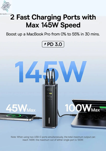 Baseus 145W Power Bank 20800mAh PD 100W Fast Charging with Smart Digital Display Portable External PowerBank for Laptop Phone 17 Ai-TechWorld 