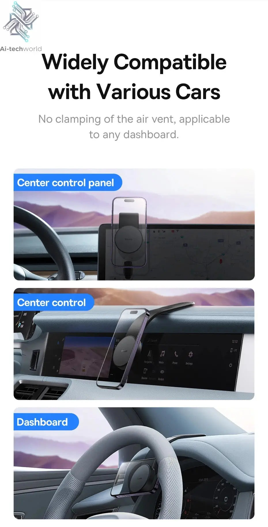 Baseus 15W Magnetic Charging Phone Holder Wireless Charger Phone Bracket for iPhone 12 13 14 15 Pro Max Dashborad Center Console Ai-TechWorld 
