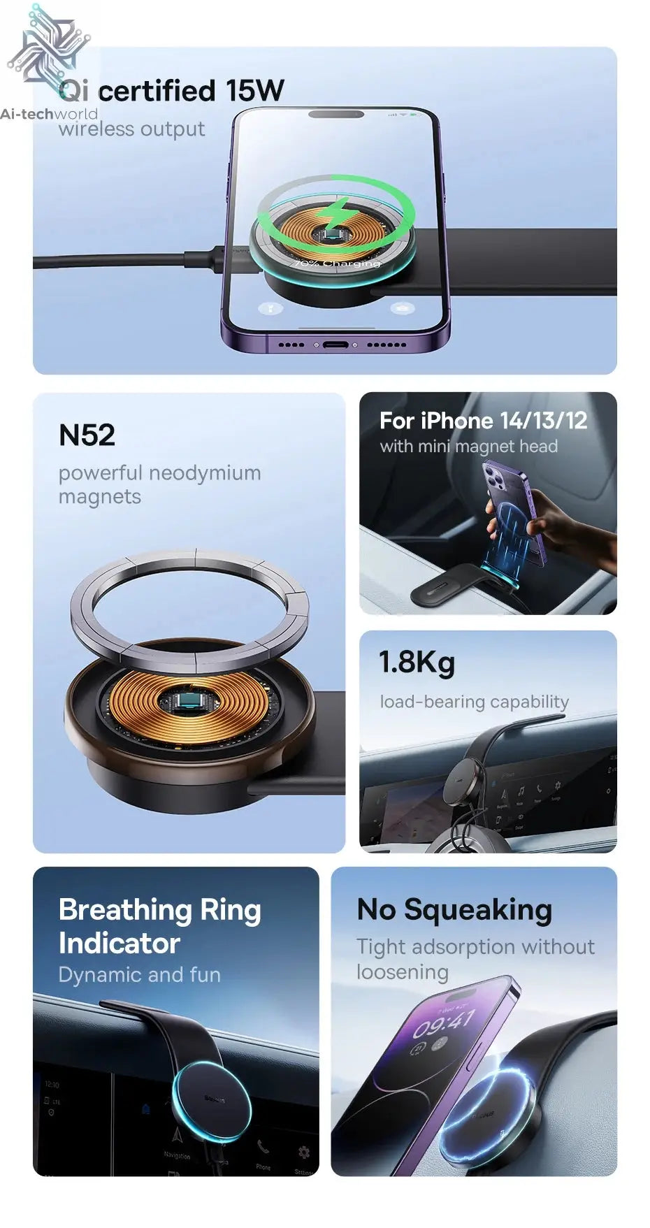 Baseus 15W Magnetic Charging Phone Holder Wireless Charger Phone Bracket for iPhone 12 13 14 15 Pro Max Dashborad Center Console Ai-TechWorld 