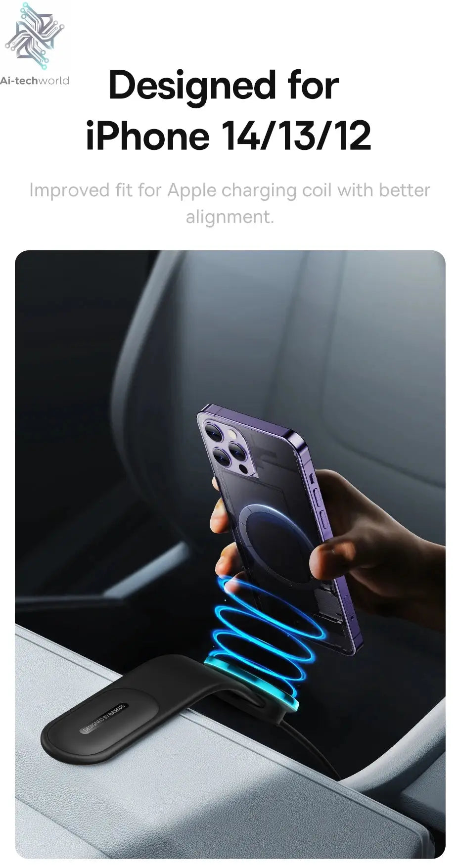 Baseus 15W Magnetic Charging Phone Holder Wireless Charger Phone Bracket for iPhone 12 13 14 15 Pro Max Dashborad Center Console Ai-TechWorld 
